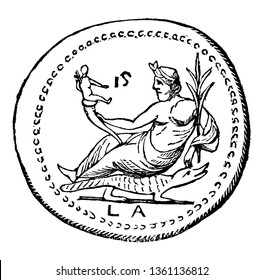 The coin represented Egypt of a man seated on a crocodile, vintage line drawing or engraving illustration.