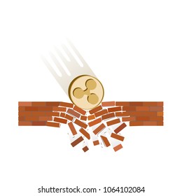 coin of ripple fall down on a white background , crypto currency breaks through the brick wall of support , vector image design concept 