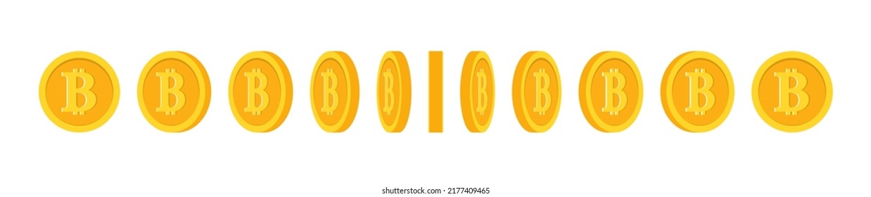 Coin rotate for animation, game and ui. Flip of bitcoin. Gold money coins turn. Icon of crypto currency for wealth, asset and win. Set of 3d cartoon icons isolated on white background. Vector.