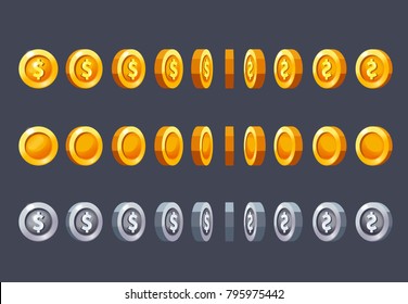 Coin Rotate Set For Animation. CArtoon Style Vector Illustration For Game Design.