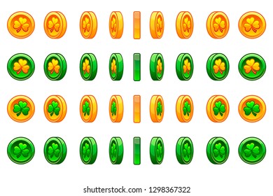 Coin rotate set for animation. Game icons set of gold and green coin clover for St. Patrick Day. Vector illustration for game design.