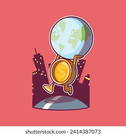 Coin running while holding the world vector illustration. Finance, money design concept.