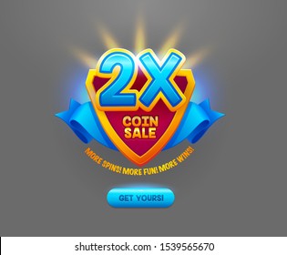 Coin Sale Offer Flat Vector Badge Illustration.Cartoon Golden Shield With Blue Ribbon On Grey Background.Mobile Game UI Isolated Design Element.Online Casino Web Banner With Button.User Interface