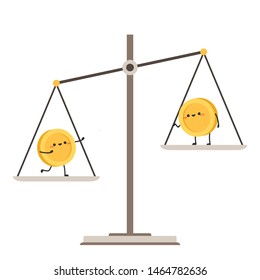Coin and scales vector. Coin character design. wallpaper. free space for text. copy space.