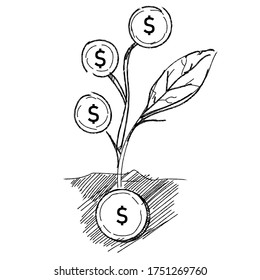 Coin seeds grow money the concept of money trees sketch hand drawing flat vector illustration.