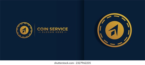 Plantilla de logotipo de servicio de moneda. Dinero digital vectorial. Cadena de bloques, símbolo financiero. Ilustración vectorial de estilo plano, empresa financiera Logoype, monedas vectoriales con logotipo y dinero.