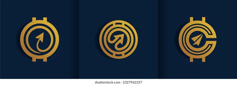 Plantilla de logotipo de servicio de moneda. Dinero digital vectorial. Cadena de bloques, símbolo financiero. Ilustración vectorial de estilo plano, empresa financiera Logoype, monedas vectoriales con logotipo y dinero.