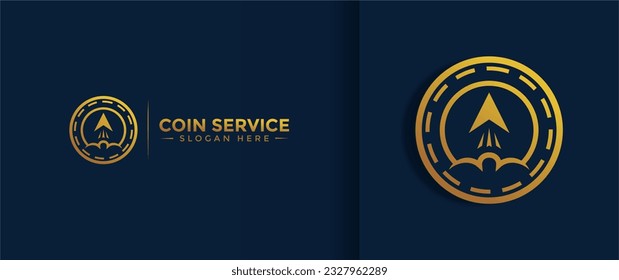 Plantilla de logotipo de servicio de moneda. Dinero digital vectorial. Cadena de bloques, símbolo financiero. Ilustración vectorial de estilo plano, empresa financiera Logoype, monedas vectoriales con logotipo y dinero.