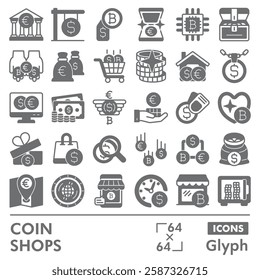 Coin shops symbols collection or sketches. bitcoin market theme icons in glyph style signs for web and app. Vector graphics isolated on white background