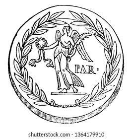 A coin showing the image of an emperor holding the crown in his right hand, vintage line drawing or engraving illustration.