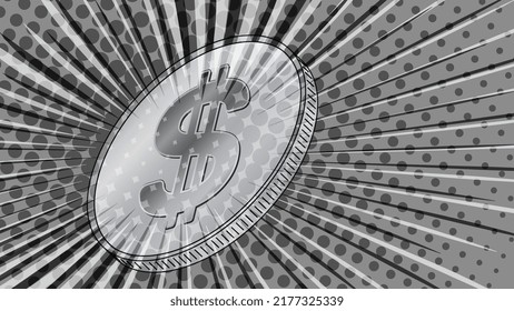 Coin with the sign of dollar USD styled for the 80s retro with rays in gray color. Currency USD symbol of prosperity. Header or banner for news. Vector illustration.