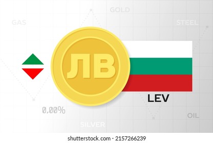 Coin with the sign lev and the flag of Bulgaria. Rise and fall chart template of exchange rate or currency exchange with precious metals 