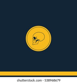 Coin with a skull. Symbol of pirates, danger, death, Halloween. Flat illustration.