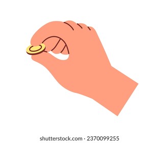 Moneda apretada en los dedos. Mano sosteniendo dinero, cambio. Dólar de oro en armas, icono financiero. Finanzas, bonificaciones, contraparte e inversión. Ilustración vectorial plana aislada en fondo blanco.