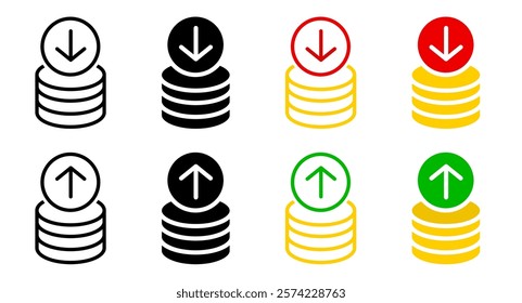 Coin stack with arrow up and down icon. Price up sign. Cent coin graph symbol. Money cost arrow growth, decline illustration. Currency investment pictogram.