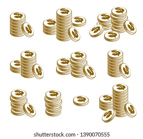 Coin stack cash money or casino chips still-life, vector icon set, illustration or logo collection, revenue or taxes concept, pile of cents.