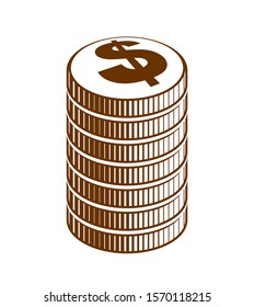 Coin stack cash money or casino chips still-life, vector icon, illustration or logo, revenue or taxes concept, pile of cents.