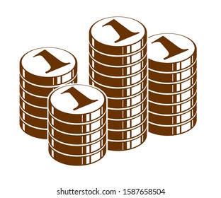 Coin stack cash money or casino chips still-life, vector icon, illustration or logo, revenue or taxes concept, pile of cents.