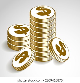 Coin stack cash money or casino chips still-life, vector icon, illustration or logo, revenue or taxes concept, pile of cents.
