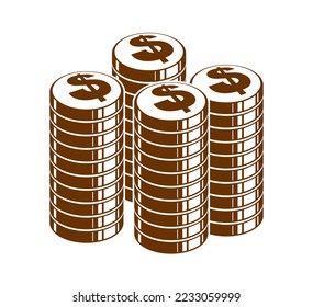 Coin stack cash money or casino chips still-life, vector icon, illustration or logo, revenue or taxes concept, pile of cents.