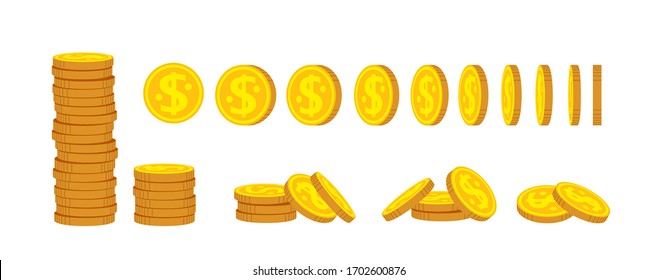 Coin stack flat cartoon set. Gold coins pile heap, bank currency sign. Pennies turn around, animation for game, apps. High stacks, financial growth. Hundreds cash bill. Isolated vector illustration