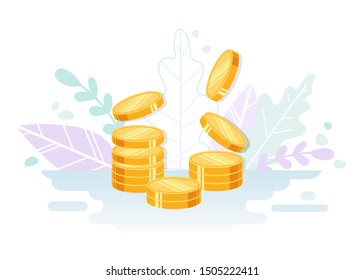 Coin stack flat illustration. Falling coins, make money, deposits banner.