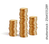 Coin stack, gold medal 3d drop. Money fall emoji, casino pile mountain of euro cents. Old golden cent rate icon. Vector render of lucky loan cash. US dollar penny gui reward. Floating game stock grow