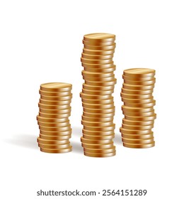 Coin stack, gold medal 3d drop. Money fall emoji, casino pile mountain of euro cents. Old golden cent rate icon. Vector render of lucky loan cash. US dollar penny gui reward. Floating game stock grow