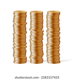 Coin stack, gold medal 3d drop. Money fall emoji, casino pile mountain of euro cents. Old golden cent rate icon. Vector render of lucky loan cash. US dollar penny gui reward. Floating game stock grow