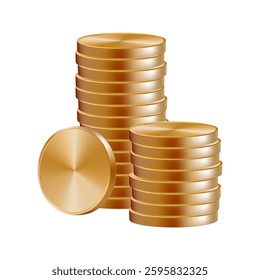 Coin stack, gold medal 3d drop. Money fall emoji, casino pile mountain of euro cents. Old golden cent rate icon. Vector render of lucky loan cash. US dollar penny gui reward. Floating game stock grow