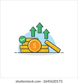 Coin Stack with Green Arrows Vector Illustration. Cost Rising Concept Design