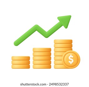 Gráfico de crecimiento de la pila de monedas con flecha creciente. Concepto de finanzas, capital y aumento de dinero. Icono de Vector 3D. Estilo minimalista de dibujos animados.