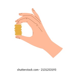 Münzstapel in der Hand Symbol. Goldwechsel, Geld in den Fingern gepresst. Cash-Bonus, Kapital, Spareinlagen, Cashback und Financial Profit-Konzept. Flache grafische Vektorgrafik einzeln auf weißem Hintergrund