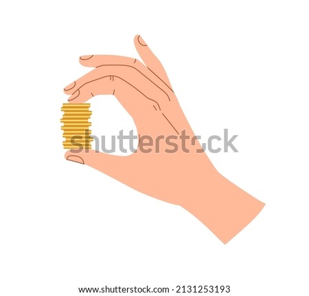Coin stack in hand icon. Gold change, money squeezed in fingers. Cash bonus, capital, savings, cashback and financial profit concept. Flat graphic vector illustration isolated on white background
