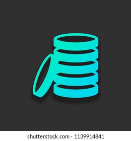Coin stack icon. Colorful logo concept with soft shadow on dark background. Icon color of azure ocean