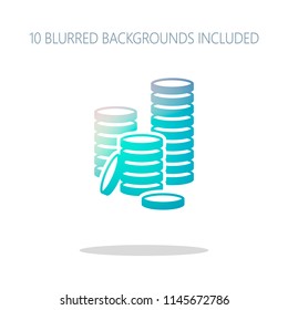 Coin stack icon. Colorful logo concept with simple shadow on white. 10 different blurred backgrounds included