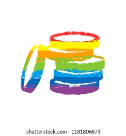 Coin stack icon. Drawing sign with LGBT style, seven colors of rainbow (red, orange, yellow, green, blue, indigo, violet