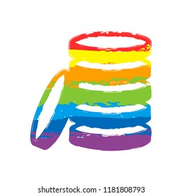 Coin stack icon. Drawing sign with LGBT style, seven colors of rainbow (red, orange, yellow, green, blue, indigo, violet