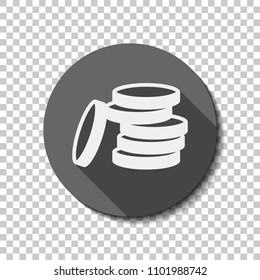 Coin stack icon. flat icon, long shadow, circle, transparent grid. Badge or sticker style