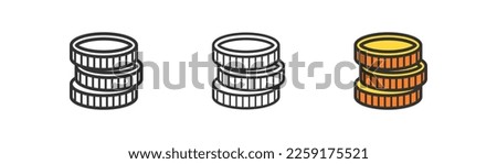 Coin stack icon on light background. Money savings symbol. Dollar increase, investment, golden coins pile. Outline, flat, and colored style. Flat design.