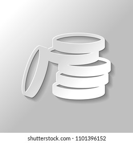 Coin stack icon. Paper style with shadow on gray background