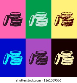 Coin stack icon. Pop art style. Scratched icons on 6 colour backgrounds. Seamless pattern
