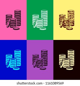 Coin stack icon. Pop art style. Scratched icons on 6 colour backgrounds. Seamless pattern
