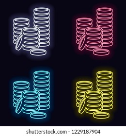 Coin stack icon. Set of neon sign. Casino style on dark background. 