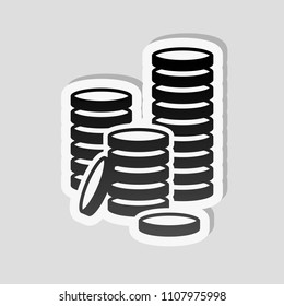 Coin stack icon. Sticker style with white border and simple shadow on gray background