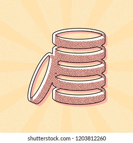 Coin stack icon. Vintage retro typography with offset printing effect. Dots poster with comics pop art background