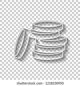 Coin stack icon. White outline sign with shadow on transparent background