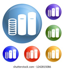 Coin stack money icons set vector 6 color isolated on white background