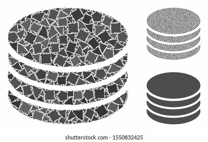 Coin stack mosaic of ragged items in different sizes and shades, based on coin stack icon. Vector ragged items are organized into collage. Coin stack icons collage with dotted pattern.