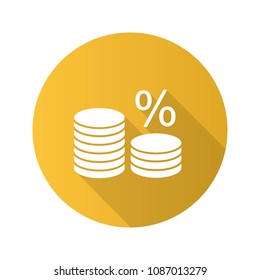 Coin stack with percent flat design long shadow glyph icon. Interest rate. Banking. Saving money. Vector silhouette illustration